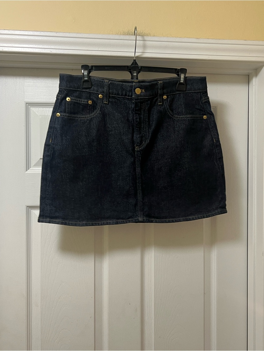 J. Crew Dark Black Denim Mini Skirt with Gold Hardware